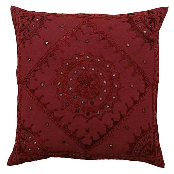 Stylo Culture Ethnic Decorative Throw Pillow Cover 60cm x 60cm Hand Embroidered Maroon Boho 24x24 Large Home Decor Cotton Mirrored Square Cushion Cover | 1 Pc