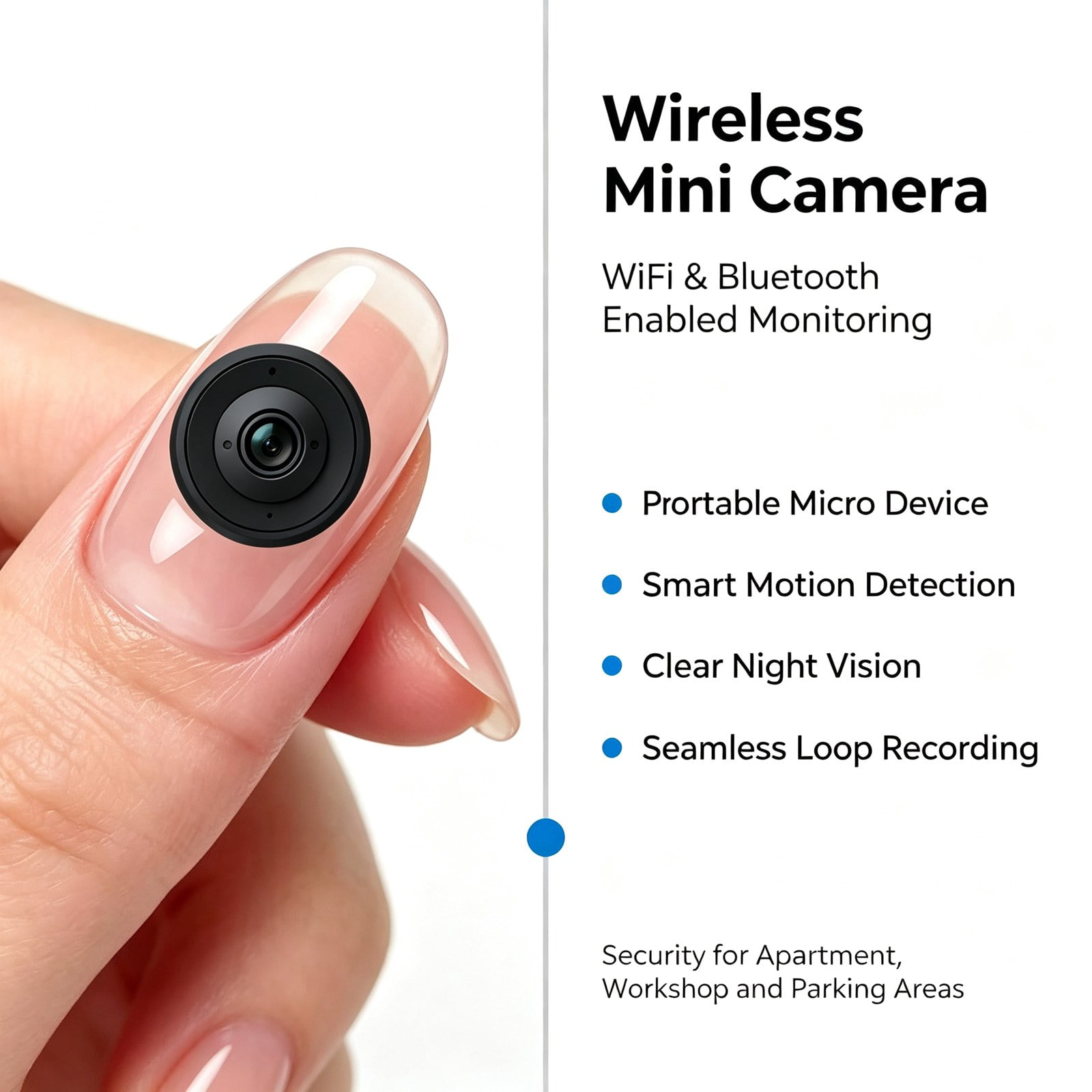 Mini WiFi Bluetooth Security Camera, Wireless Small Surveillance Cam with Night Vision, Motion Detection, 2-Way Audio, Remote Live View, Loop Recording for Home Indoor Outdoor Garage Office Security
