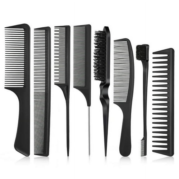 8Pcs Hair Styling Combs Set, Include Bristle Hair Brush, Grooming Comb, Sturdy Rat Tail Comb, for Women Girls Kids and Hair Stylists, Black