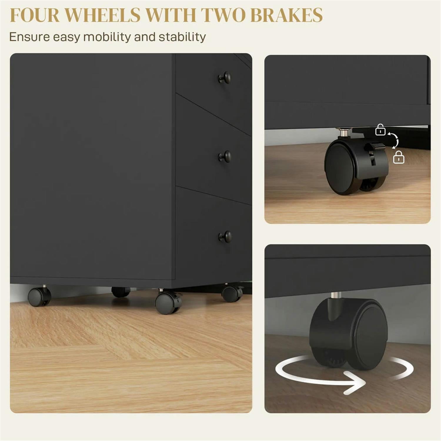 Demi Bonn Rolling Filing Cabinet with Castors, Modern 3 Drawer File Cabinet with Top Tray Under for Home Office, Desk Printer Stand, Black