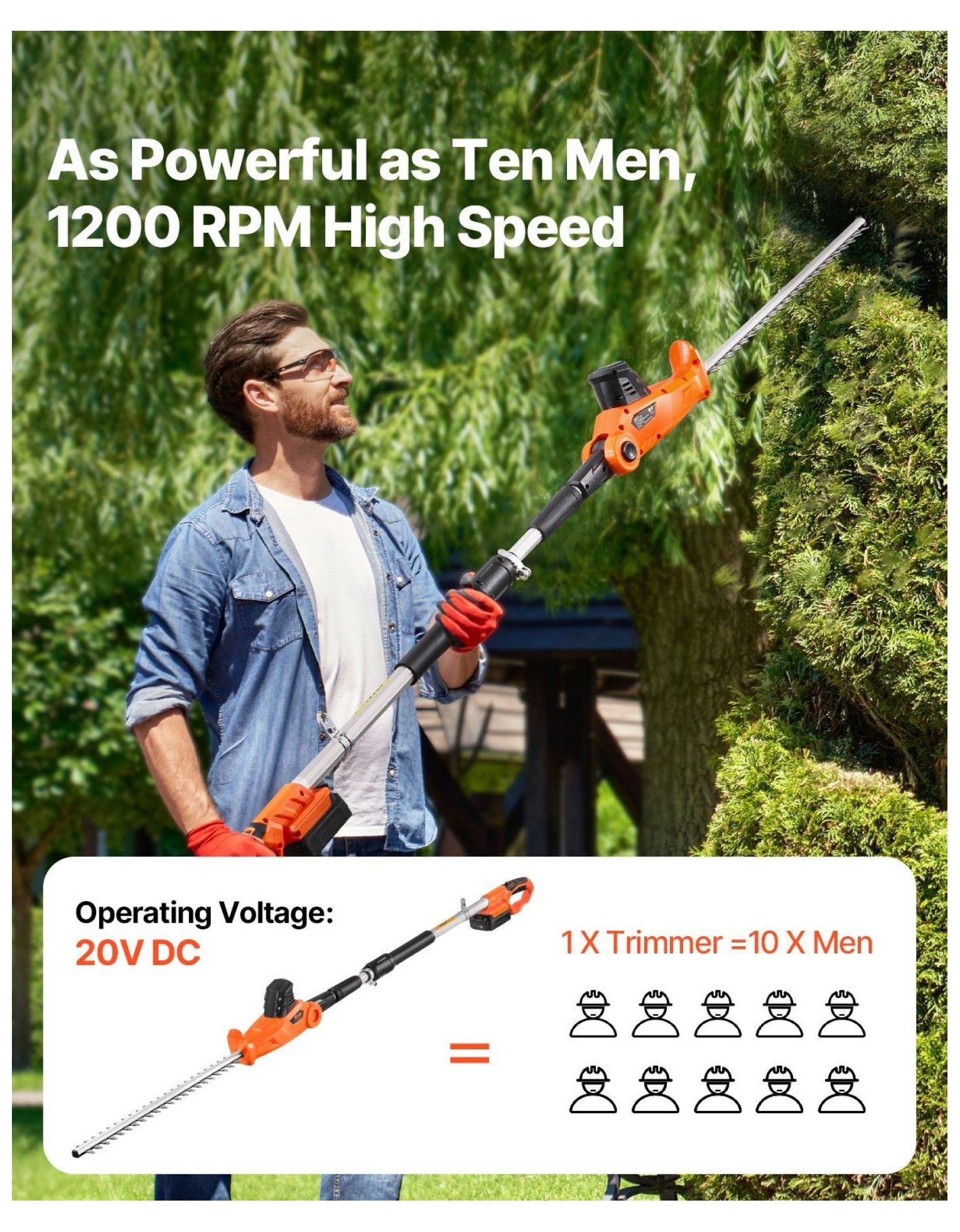 Cordless Hedge Trimmer 20V 1200RPM, 20in Extendable Pole Trimmer