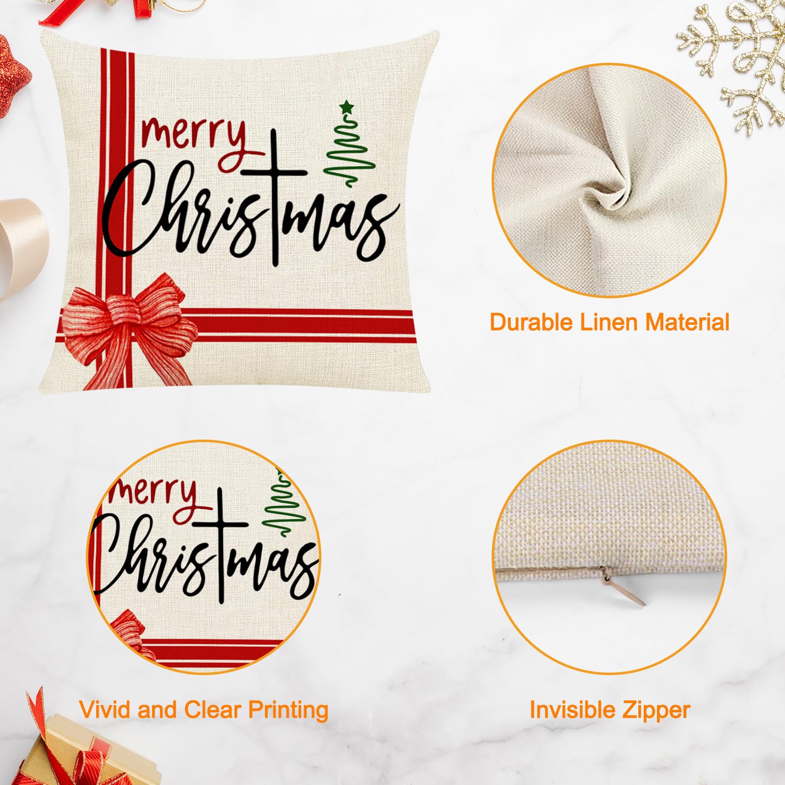 Qoosea Christmas Pillow Covers 18x18 Set of 4 Cute Xmas Tree Santa Graphic Throw Pillow Cases Linen Cushion Cover Christmas Decorations for Home Bed Couch