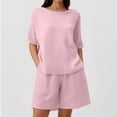 thumbnail image 2 of Shorts Sets Women 2 Piece Outfits Ice Silk Round Neck Short Sleeve Solid Breathable Sleepwear Tops Shorts Set Summer Outfits For Women Pink S, 2 of 5