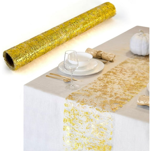 Glitter Metallic Gold Table Runner, Thin Mesh Sparkle Table Runner Decorations, Wedding Birthday Christmas Party Baby Shower Supplies (11 inx30 ft)