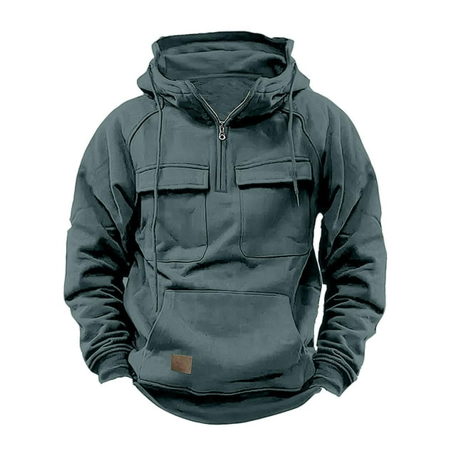 TIMIFIS Chandails à Capuchon Gris pour Hommes Automne Uni à Quart de Glissière Chandail Cargo à Enfiler Hauts Décontractés Manches Longues Tactiques Chandails d'Entraînement