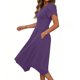 thumbnail image 2 of Mujeres Manga Corta Tops Estilo Casual Cuello Redondo Sólido Irregular Doblado Vestido, Vestido de Manga Corta para las Mujeres Falda Primavera Verano Diario, 2 of 6