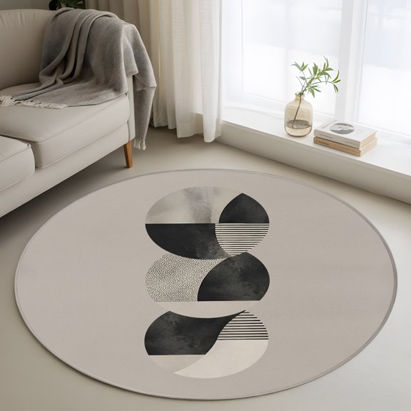Modern Abstract Round Area Rug 4ft, Black Geometric Circular Stripes Art Washable Non-Slip Circle Rugs for Bedroom Living Room Kitchen, Soft Non Shedding Circle Carpet for Dining Room Dorm