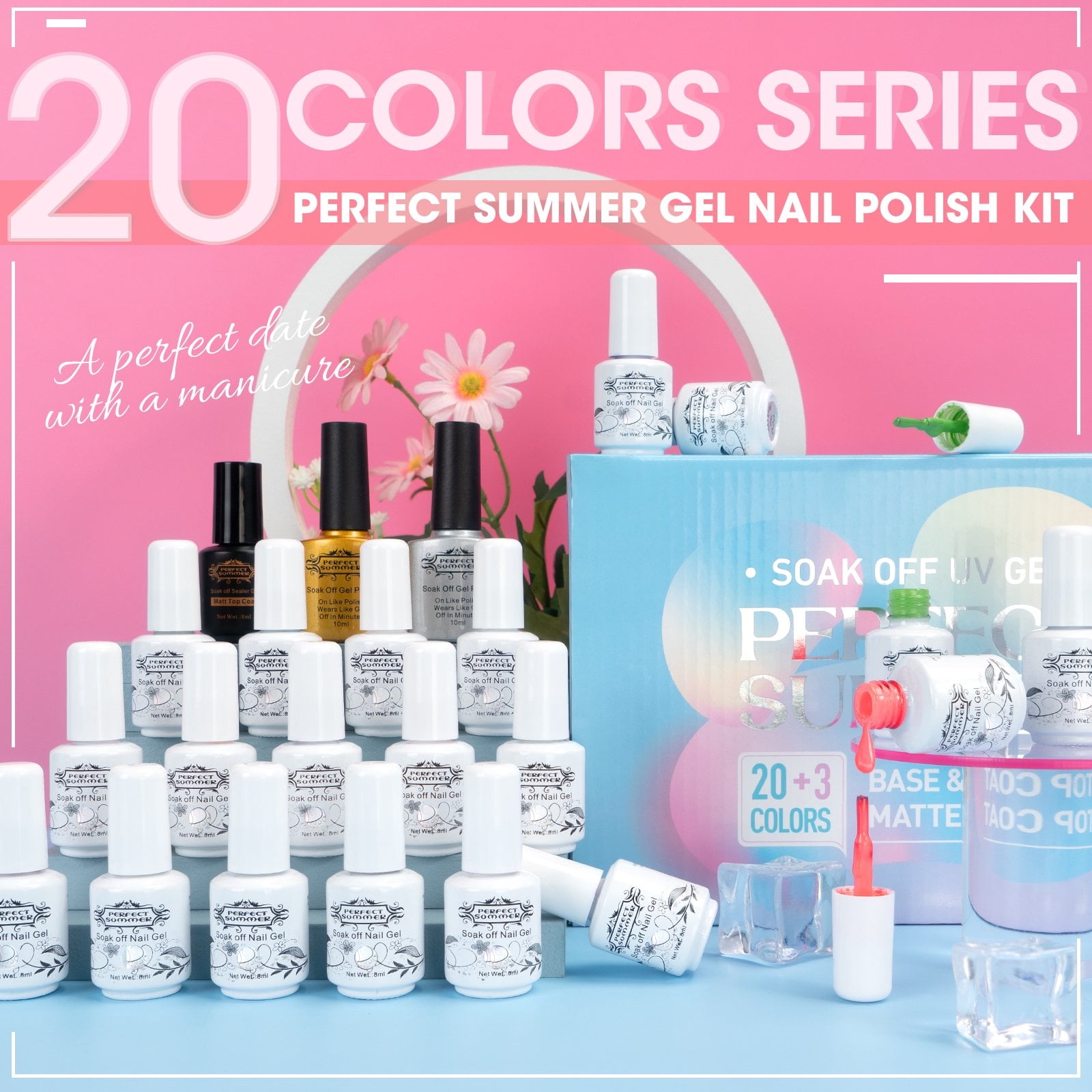 Perfect Summer Gel Nail Polish Kit, 20 Colors Gel Polish Macaron Fresh UV Nail Polish Gel Set with Glossy Base Top Coat Matte Coat, Manicure DIY Salon Nail Art Gift for Women Girls
