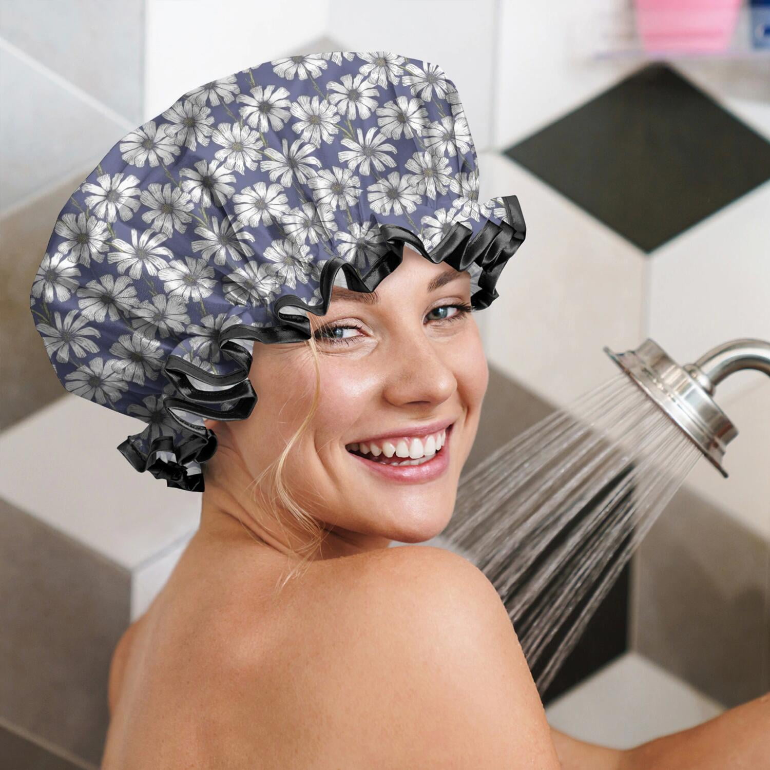Shower Caps,Blue Daisy Flower Floral Pattern Waterproof Shower Cap for Women 4 Pieces,Double Reusable Hair Cover for Shower PEVA Elastic Stretch Hem