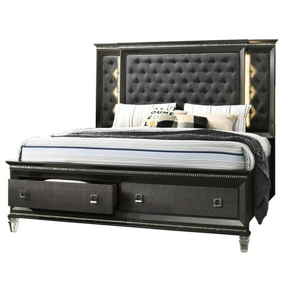 Maklaine Lavish Dark Gray Wood Eastern King Bed with Lights & Storage Footboard