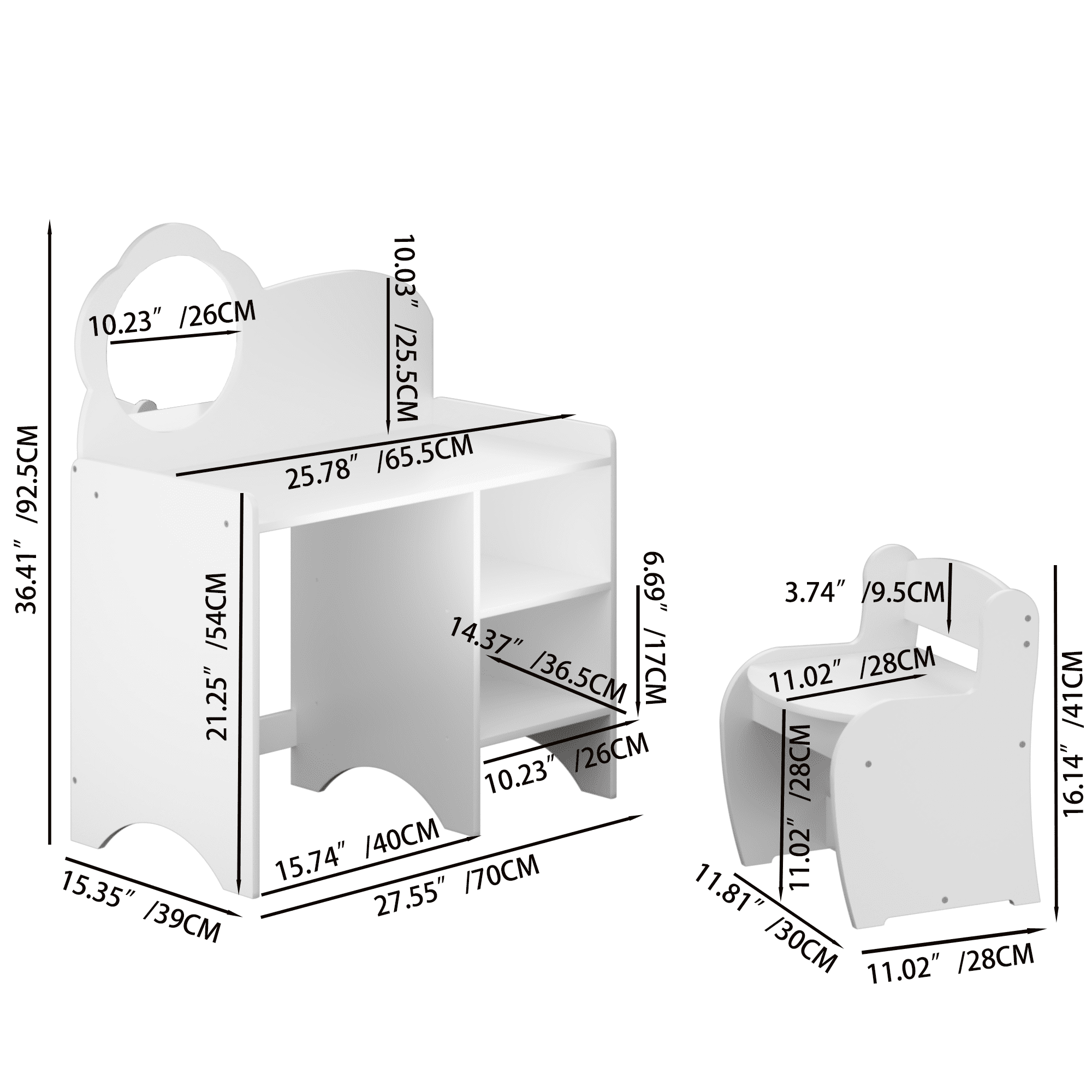 Kids Vanity Table with Mirror,Wooden Dressing Makeup Desk with Storage Shelves with Chair,Study Table for Bedroom,White