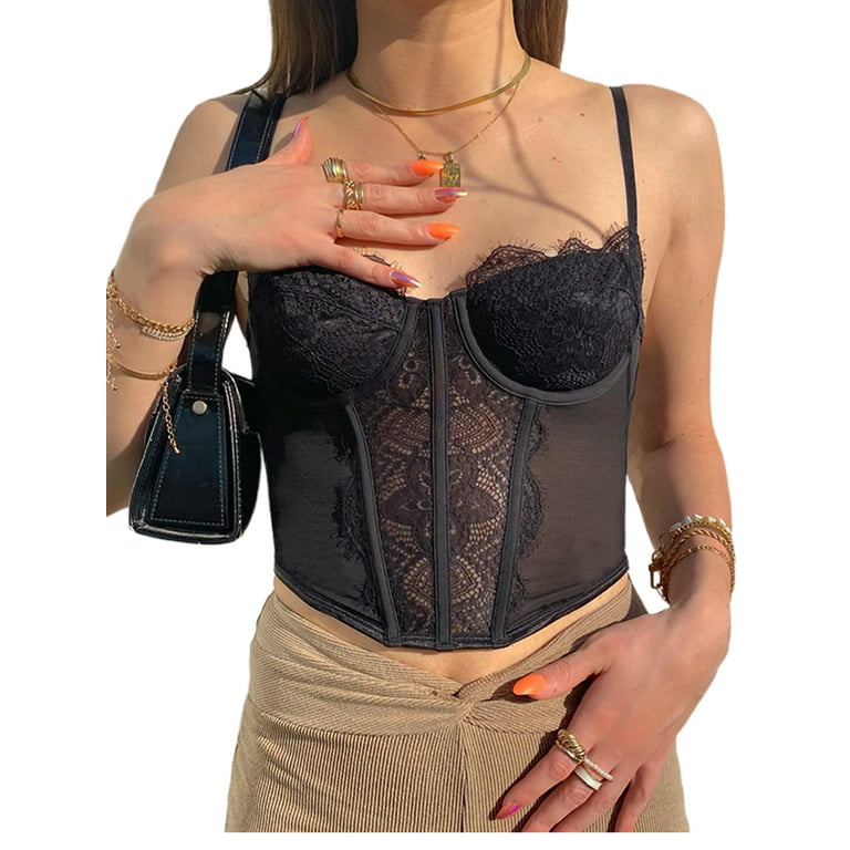 Women Push Up Lace Bustier Corset Tops Boned Backless Crop Top Lace Up Tank  Strappy Cami Vest Streetwear