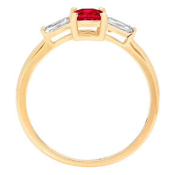 0.8 ct Emerald Cut Simulated Ruby Three-Stone Engagement Ring for Women in 18K Yellow Gold