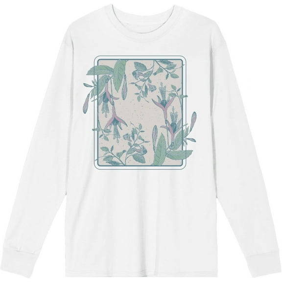 Fuschia Flowers Adult White Crew Neck Long Sleee Tee-Medium