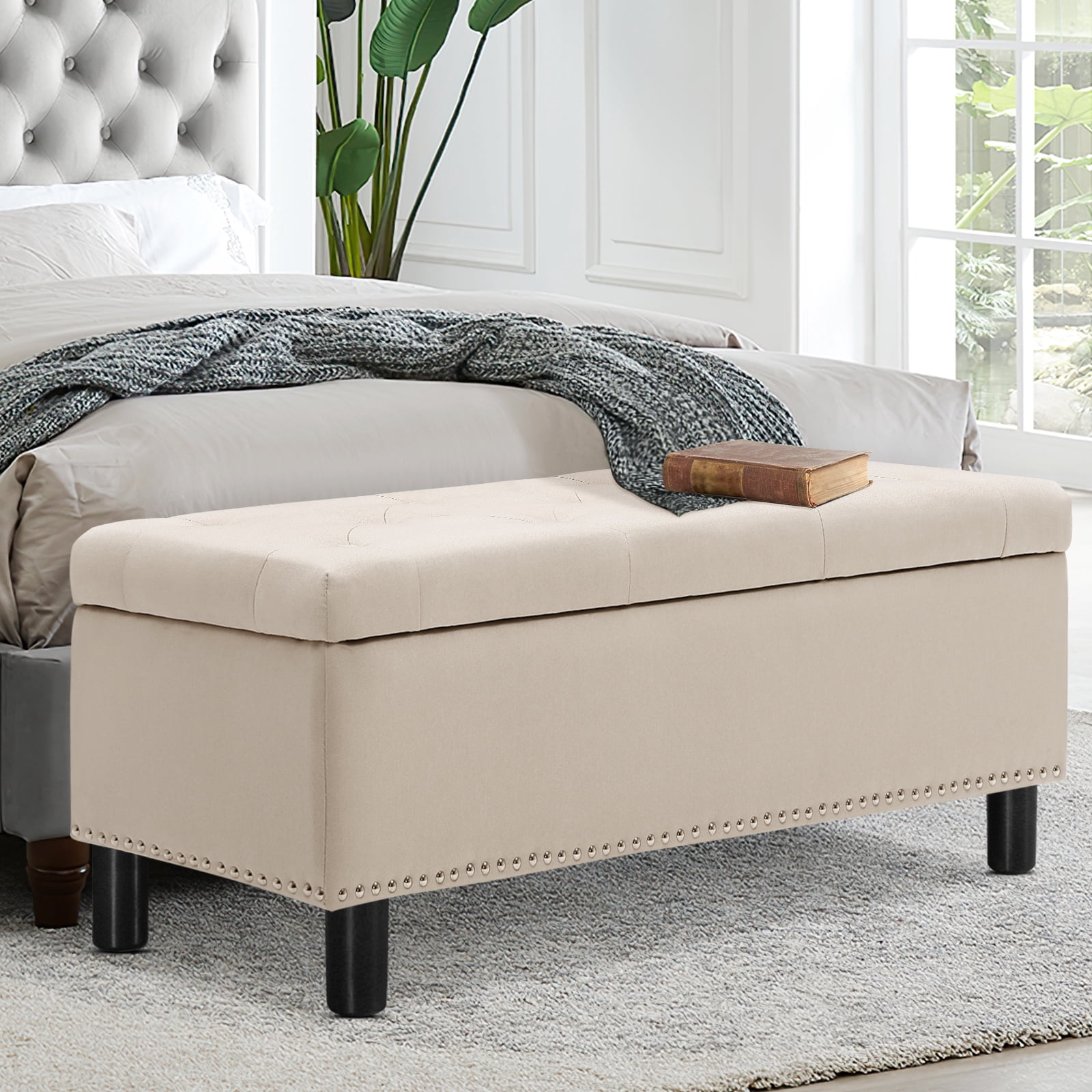 Furniliving Modern Upholstered Button Tufted Storage Ottoman Entryway Bench, Ivory