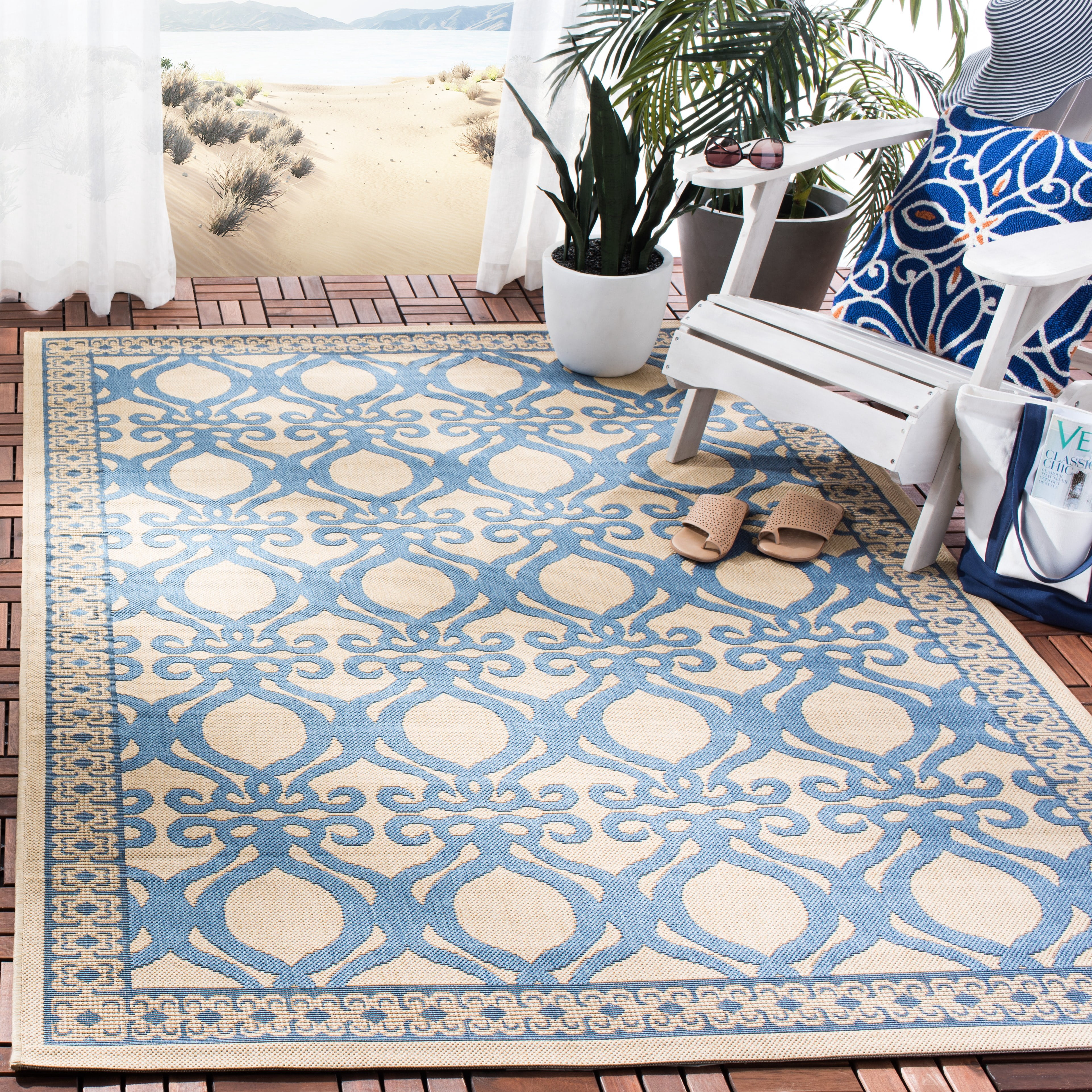 SAFAVIEH Courtyard Colton Geometric Indoor/Outdoor Area Rug, Natural/Blue, 8' x 11'