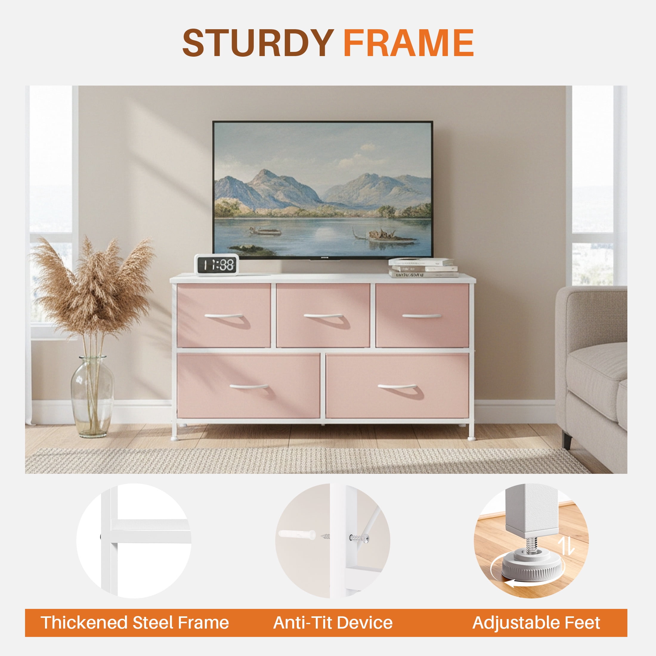 CONCETTA Dresser 5 Fabric Storage Drawer Dresser, TV Stand, Chest of Drawers for Bedroom, Closet, Entryway, Living Room, Pink