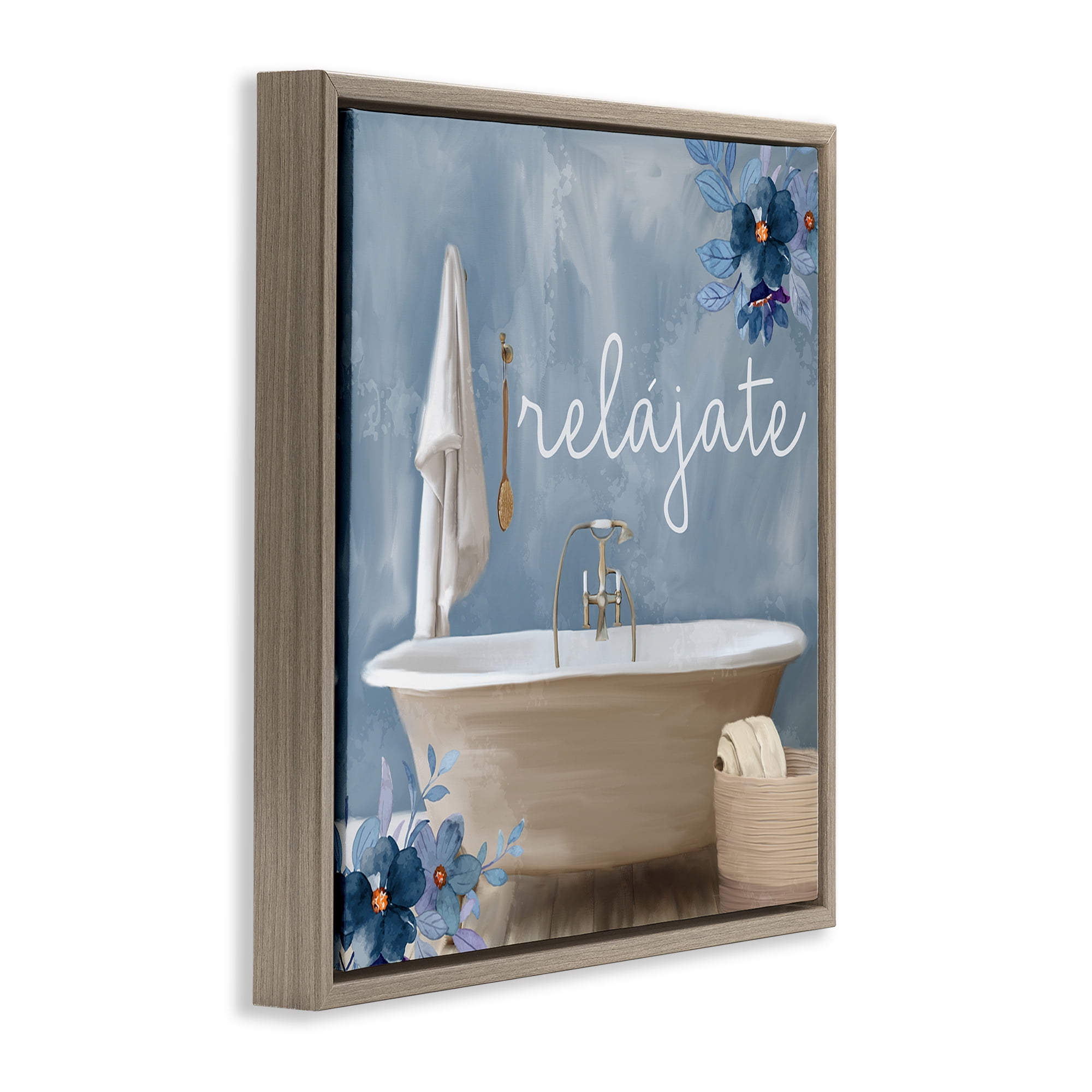 Stupell Industries Relájate con Baño Floral Bath & Laundry Painting Brown Floater Framed Art Print Wall Art, 18 x 18