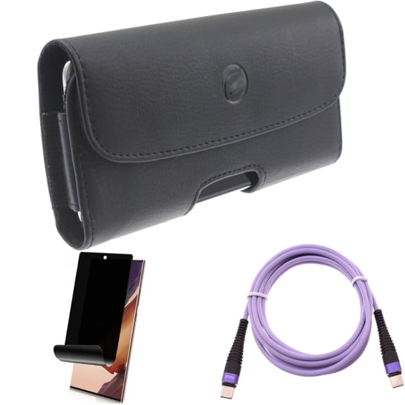 Case Belt Clip & Privacy Screen Protector & Purple 10ft PD Cable for Samsung Galaxy Note 20 Ultra (6.9") - Combo with Leather Holster & TPU Film Anti-Peep & Type-C to USB-C Fast Charger Cord