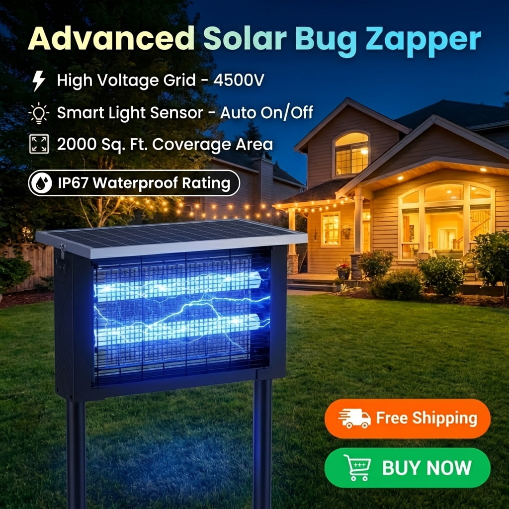 Outdoor Solar-Powered Bug Zapper with 4500V Electric Shock, Wireless Portable Design for Camping, Includes Panel Sensor, Fly Trap Function, and 10ft Extension Cord, Ideal for Patio