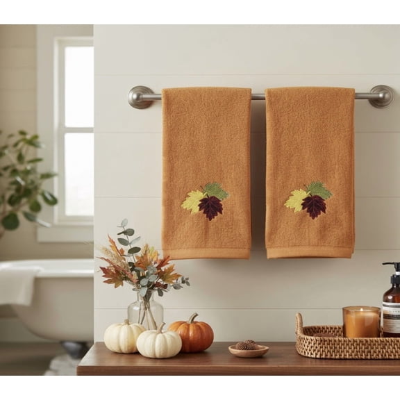 Serafina Home Decor Farmhouse Fall Hand Towels: Terracotta Rust Cotton Towels with Autumn Leaves of Burgundy Green and Yellow Hand Towel, 2 Piece Set