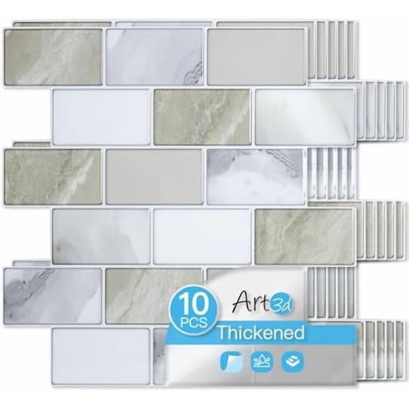 Peel and Stick Beige & White Wall Tiles – 12"x12" Thickened Design Backsplash, Self-Adhesive Tile for Kitchen & Bathroom Decor