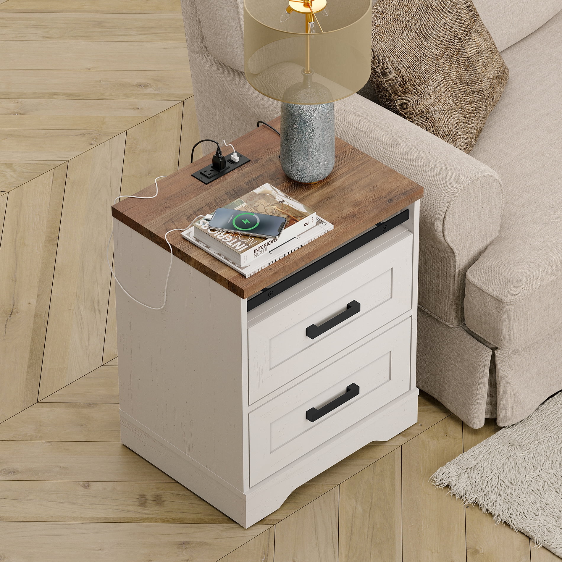 Set of 2 End Table with Charging Station Side Sofa Table with Drawers , Modern Nightstand with Power Outlets & USB Ports for Living Room, Bedroom Antique White