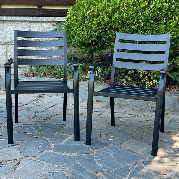 Iron Terrace Dining Chairs Set of 2, Black Outdoor Bistro Metal Chairs (All-Weather, Garden/Terrace/Pool)