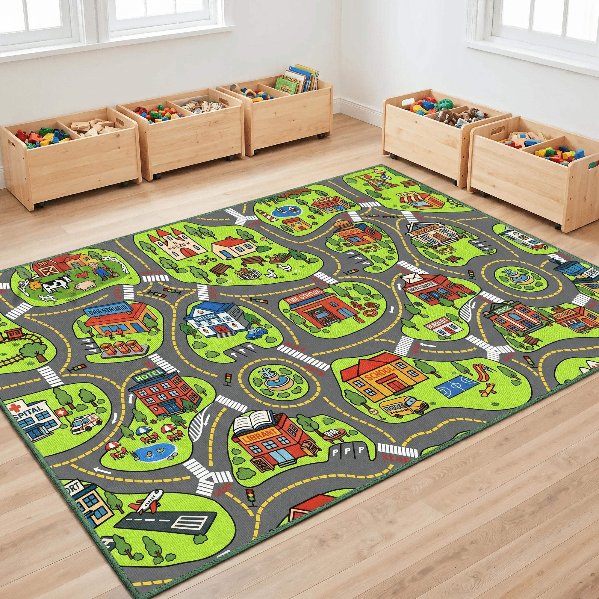 Kids Car Rug with Non-Slip Backing - 60 x 36 Inch Road Playmat for Toy Cars, Washable City Map Carpet for Playroom and Bedroom