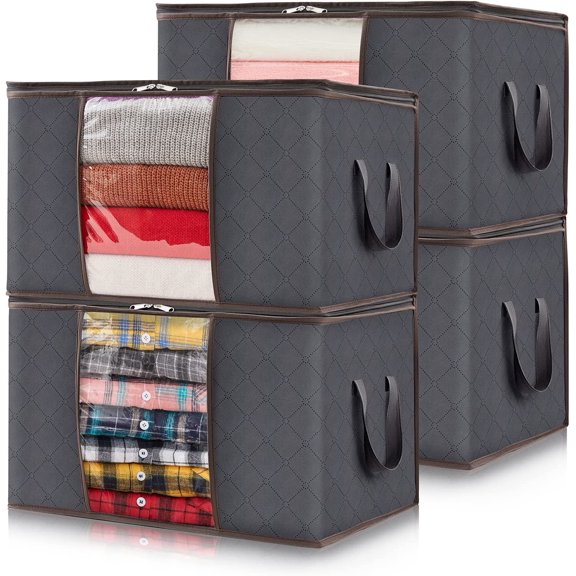 90L Clothes Storage Bag Foldable Closet Organizer for Clothes, Blankets, Comforters and Bedding, 4 Pack