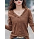 thumbnail image 2 of Camisetas de algodón de manga larga para mujer, blusa verde con cuello en V de Color sólido, camisetas holgadas suaves coreanas de café 2024, 2 of 5