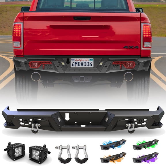 For 2009-2018 Dodge Ram 1500 and 2019-2022 RAM 1500 Classic Rear Bumper Steel   LED Lights  D-Rings  License Light