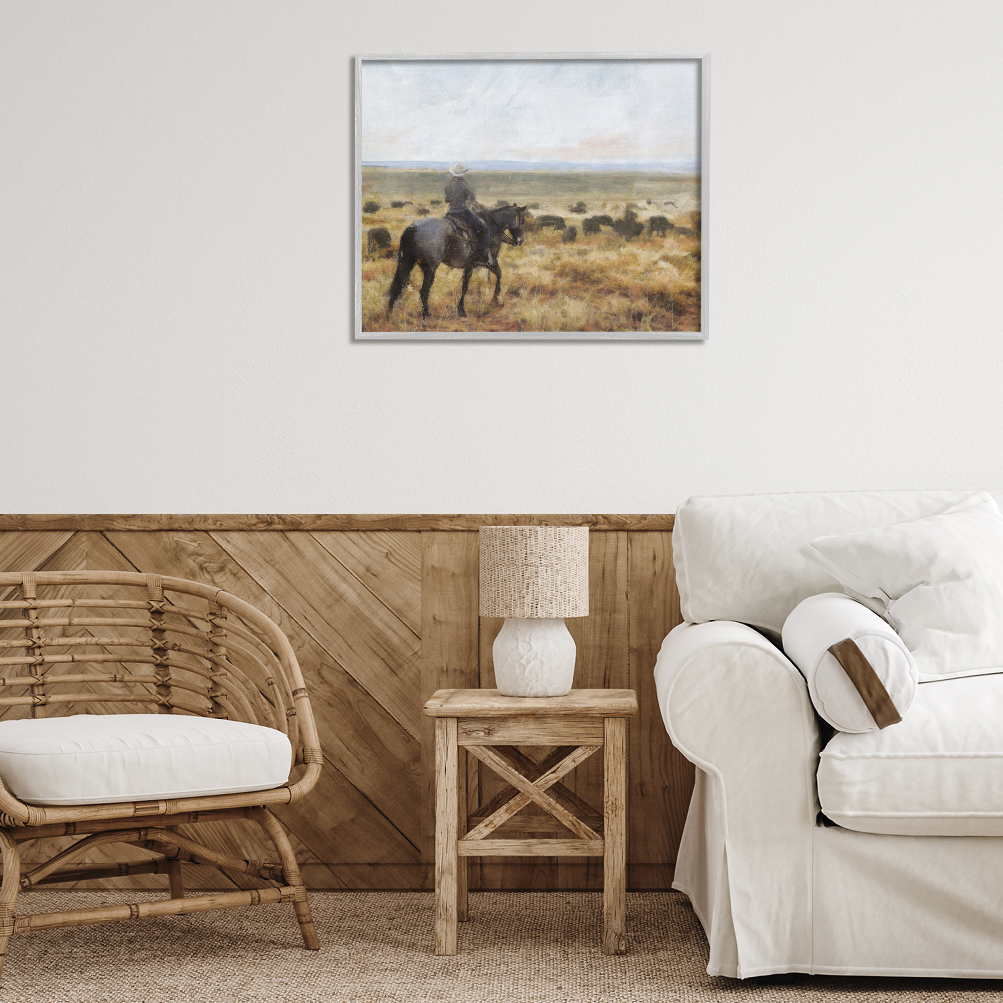Stupell Industries On The Range Cowboy Landscape Painting Gray Framed Art Print Wall Art, 30 x 24