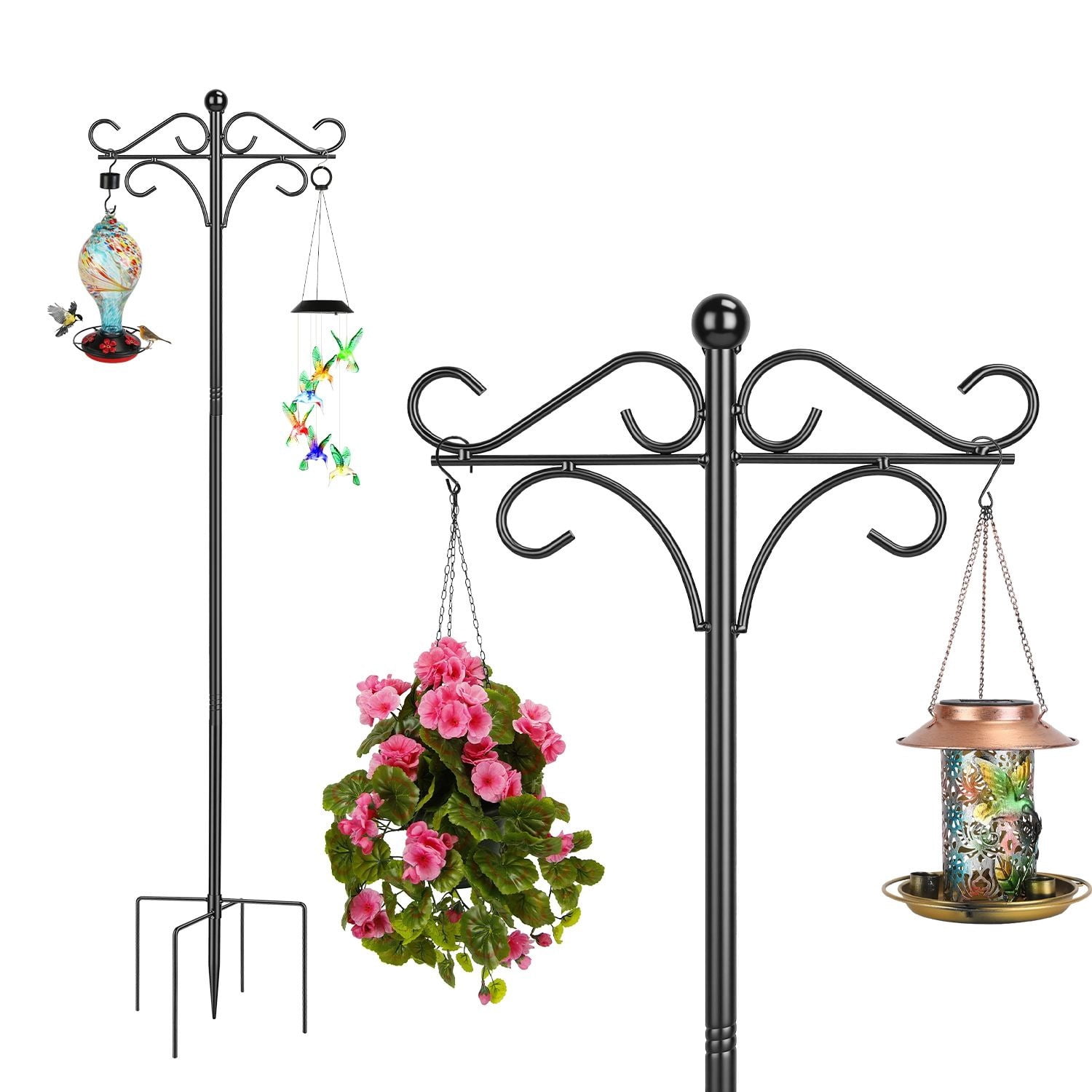2 Packs Heavy Duty Double Shepherds Hook Adjustable Height Bird Feeder Pole with 5 Prong Base for Outdoor Garden