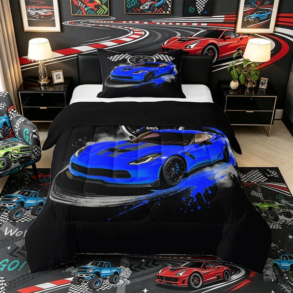 Castle Fairy Retro Racing Car Twin Comforter Sets 3-Piece for Boys, Checkered Flag Design Bedding Set for Bedroom, Blue Black,Black Reversible