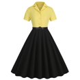 thumbnail image 5 of Usmixi Formal Dresses for Women Button up Empire Waist Flowy Pleated Swing Vintage 1950S A Line Dresses with Belt Lapel Short Sleeve Color Patchwork Summer Midi Dress Yellow XL, 5 of 6
