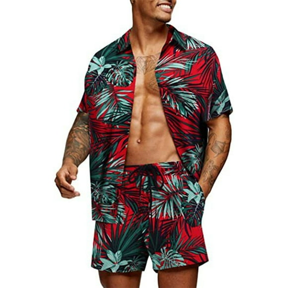 Boiiwant Homme Été Fleur Hawaïenne Chemise Costumes Manches Courtes Plage Tenue Hawaïenne Chemises et Shorts Survêtement Vacances Tenues Ensembles