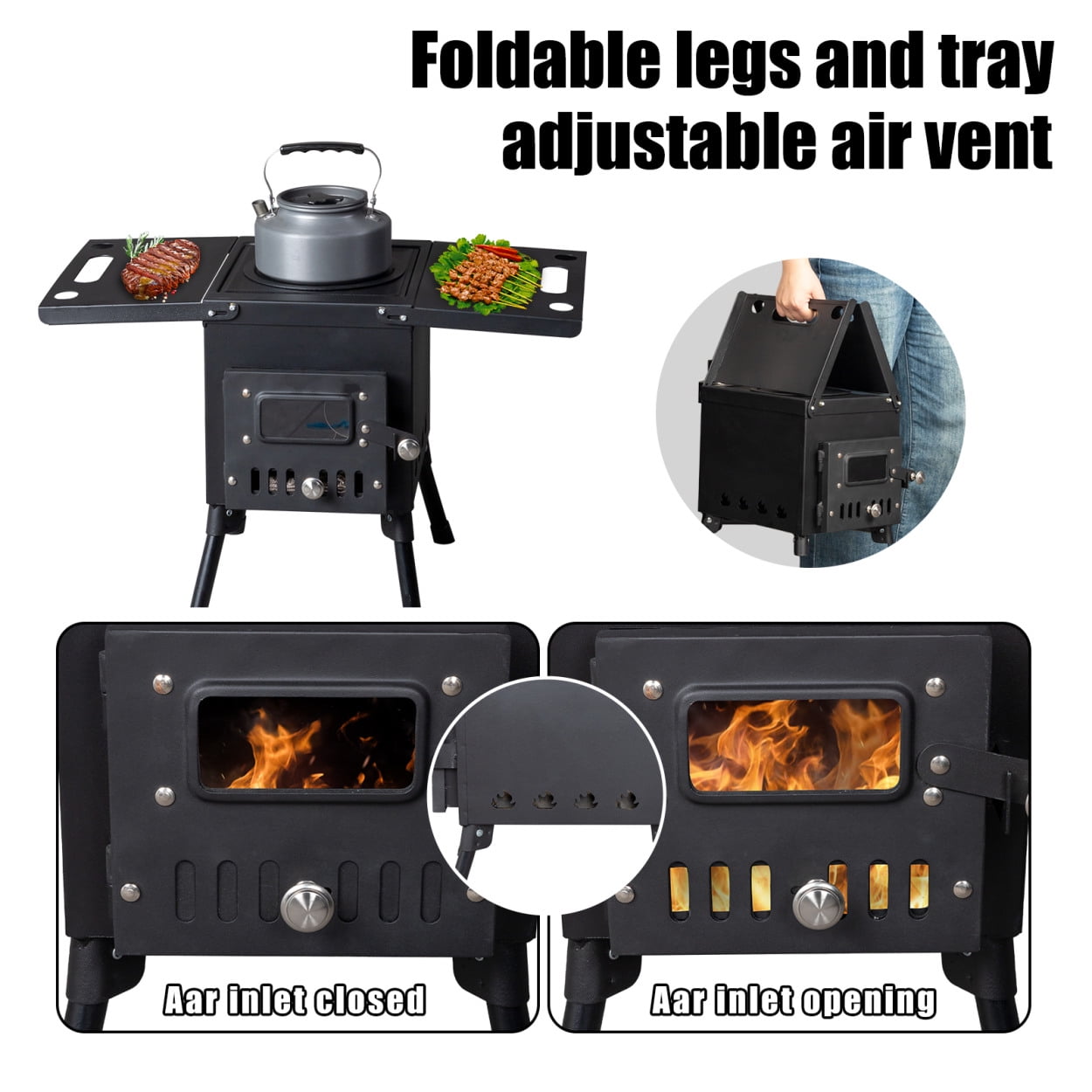 22.56*12.2*14.56 Outdoor Camping Stove, Heavy Duty Iron Outdoor Single Burner Stove with Iron Panel & Chimney & Firewood Hook & Fire Blanket, Portable Cooking Burner for Camping Cookout, Black