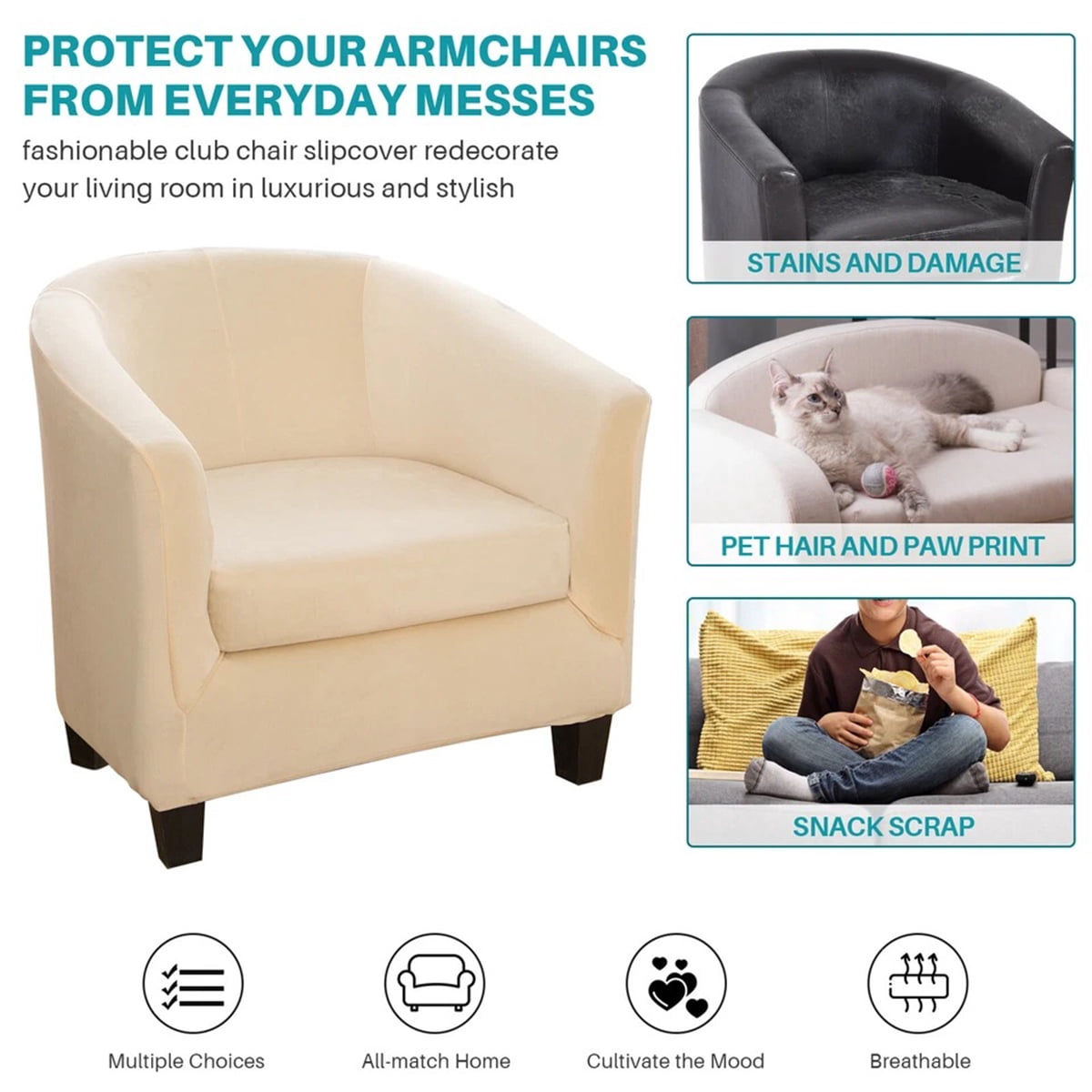 Eurhowing Stretchable Tub Chair Slipcover, 2-Piece Velvet Soft Armchair Cover with Cushion Cover, Elastic Fit Club Chair Sofa Couch Slipcover, 1-Pack, Beige