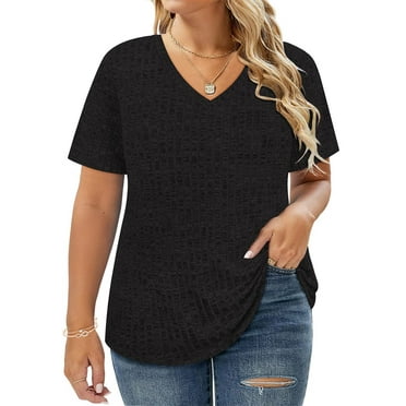 TIYOMI Plus Size Black Shirts 5X Short Sleeve Knitting Shirts For Women V Neck Solid Tops Workout Knitted Sweaters Tunics Summer Casual Loose Fit T-Shirts 5XL 26W 28W