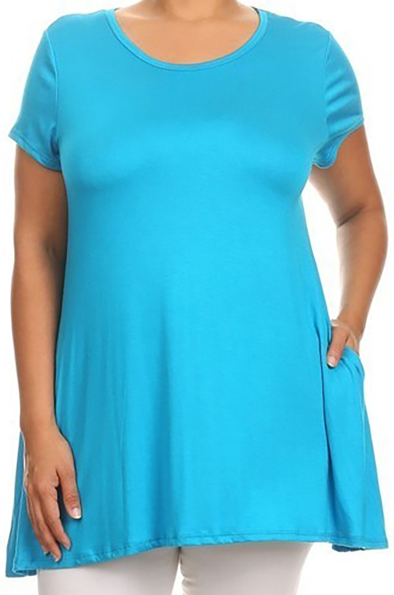 Women Plus Size Short Sleeve Solid Pocket Asymmetric Tunic Knit Top Tee