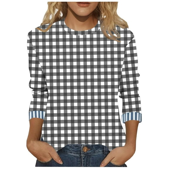 LiMoi Women's Festive Plaid Pattern Shirt Three Quarter Sleeve Round Neck Cozy Flannel Top Tees Tshirts Blouse My Order My Items