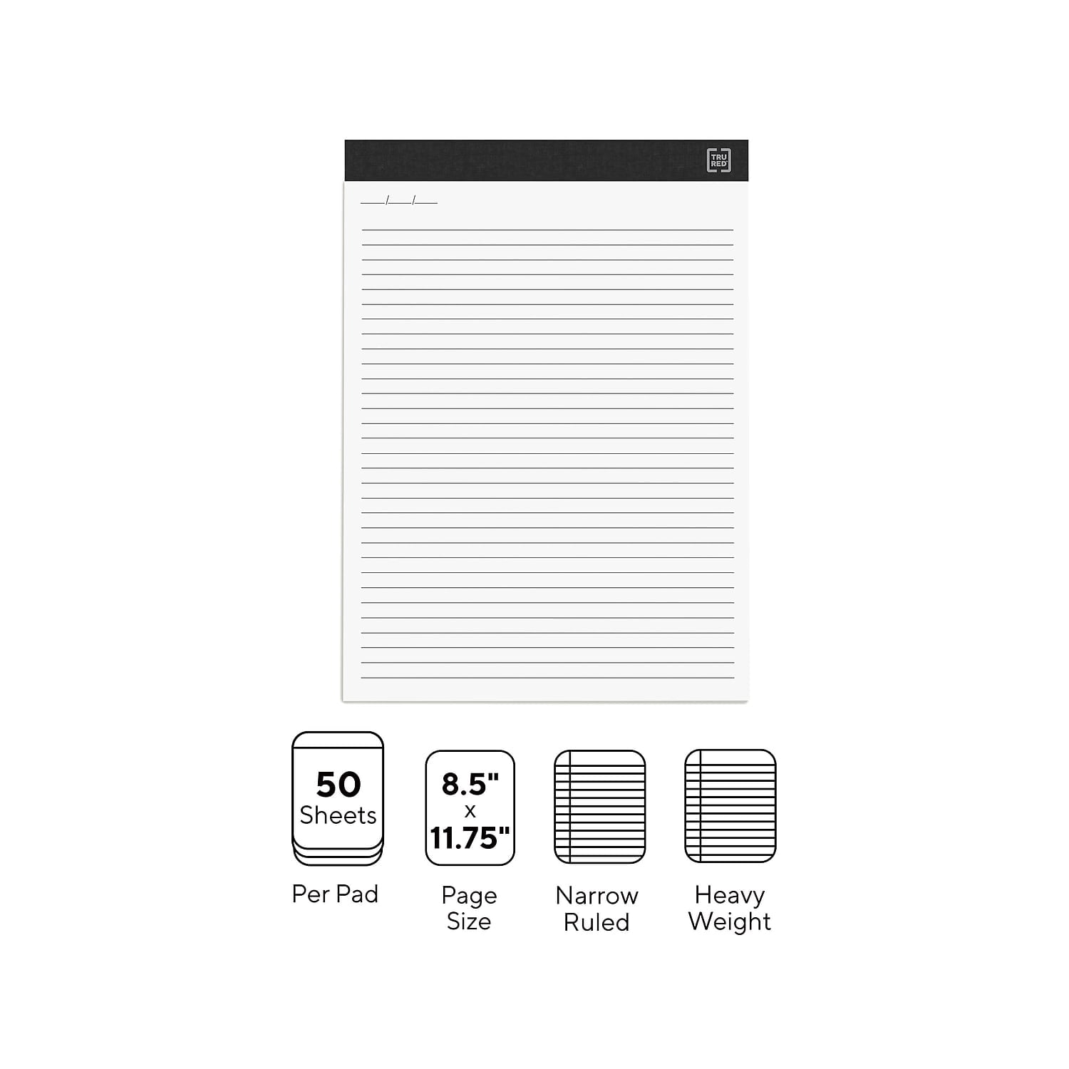 Staples TRU RED Notepads 8.5" x 11.75" Narrow Ruled White 50 Sheets/Pad 12 Pads/Pack (TR57384)