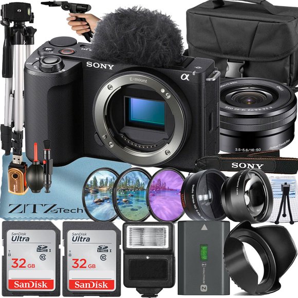 Sony ZV-E10 II Mirrorless Camera (Black) with 16-50mm Lens + 2 Pack 32GB Memory Card + Flash + Tripod + ZeeTech Accessory Bundle