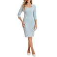 thumbnail image 2 of INSPIRE CHIC Women's Plaid Dress Square Neck 3/4 Sleeve Bodycon Midi Work Dress L Blue, 2 of 6
