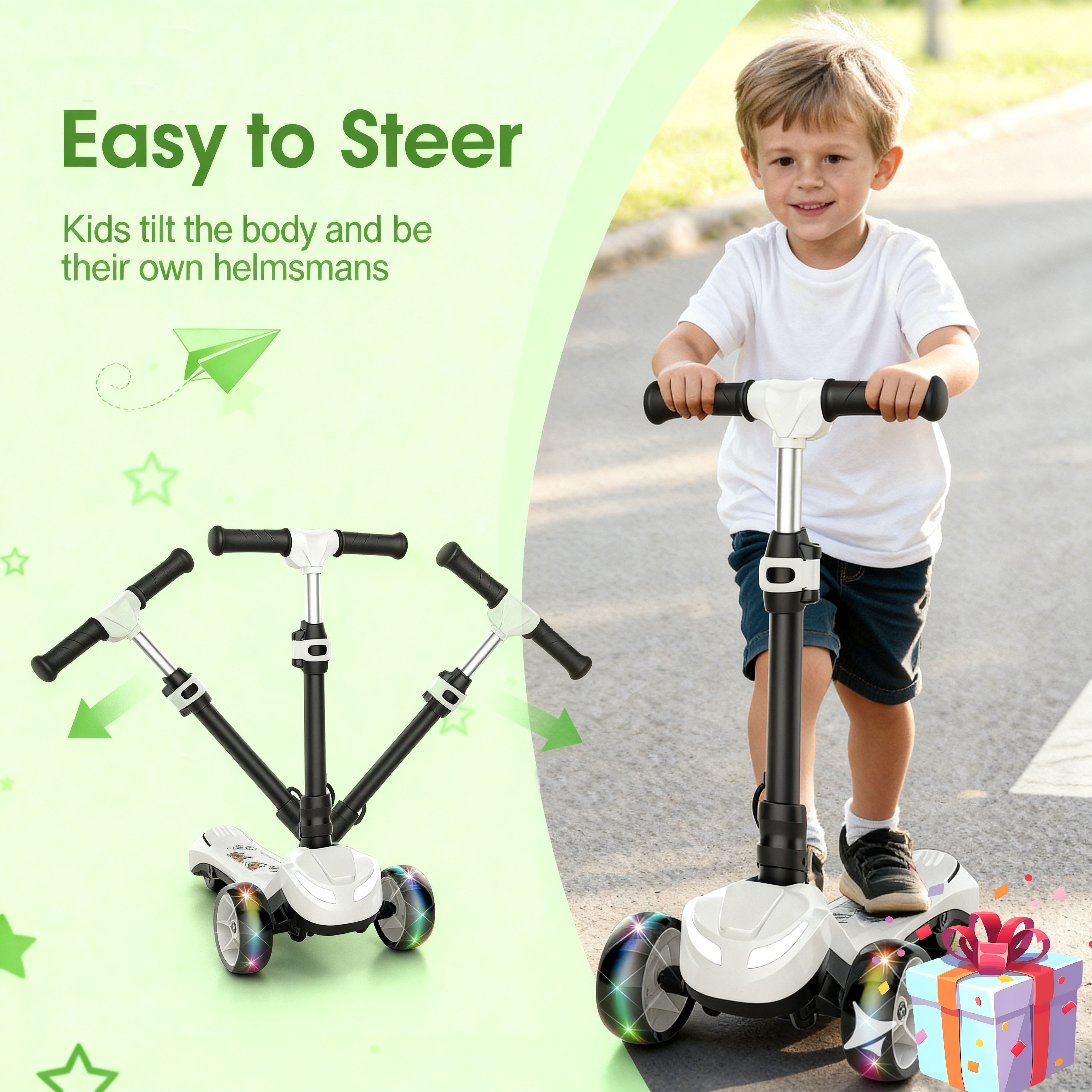 Electric Scooter for Kids Age 3-6, Light-Up Pole & Pedal Foldable Kid Escooter, 5 Mph Max 3-Wheel Electric Ride On Toys (White)