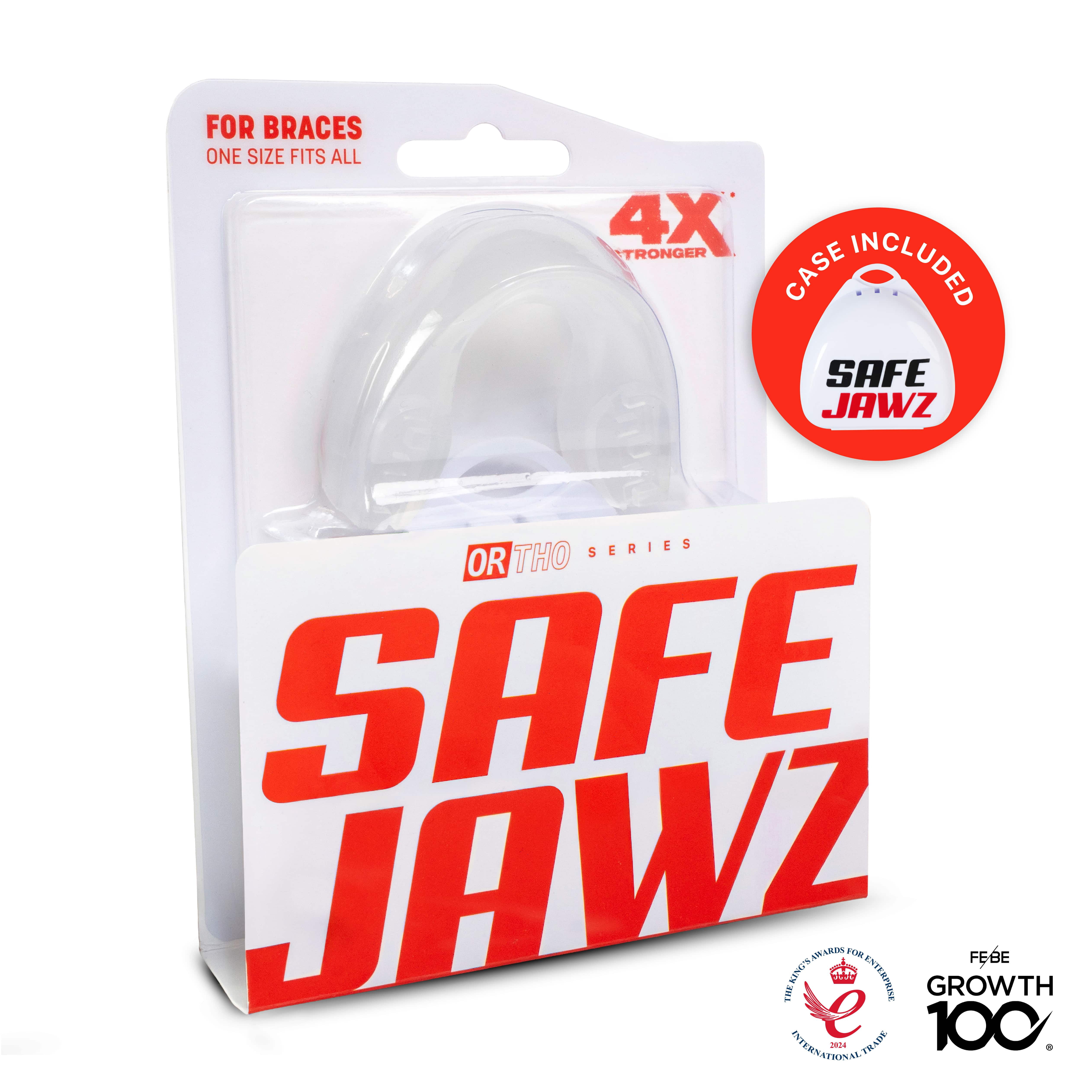 SAFEJAWZ Sports Mouth guard for Braces with Case, One Size Re-Mouldable Mouthguard (Clear)