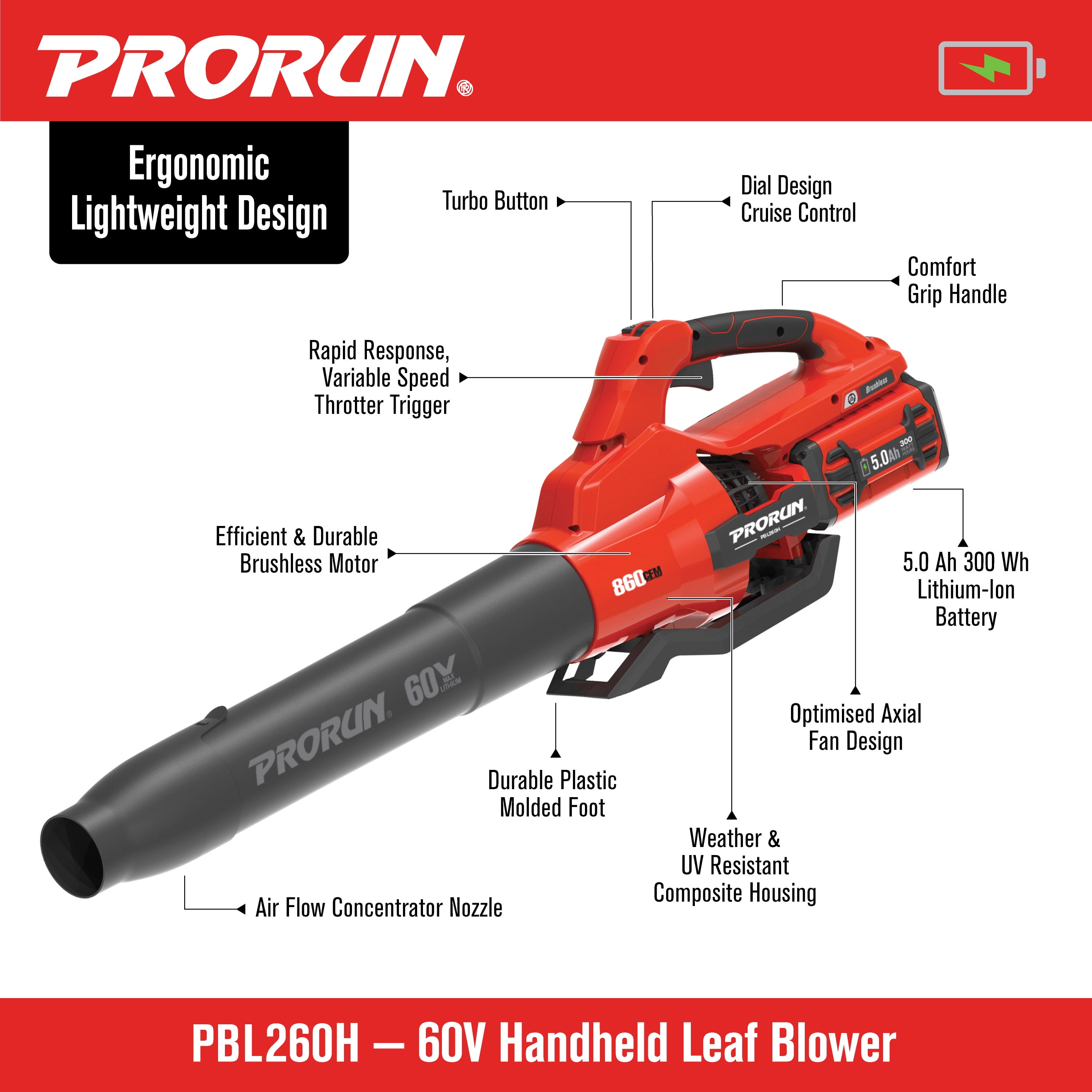 PRORUN 60V 810 CFM 190 MPH Cordless Handheld Leaf Blower with 5.0 Ah Battery and Charger