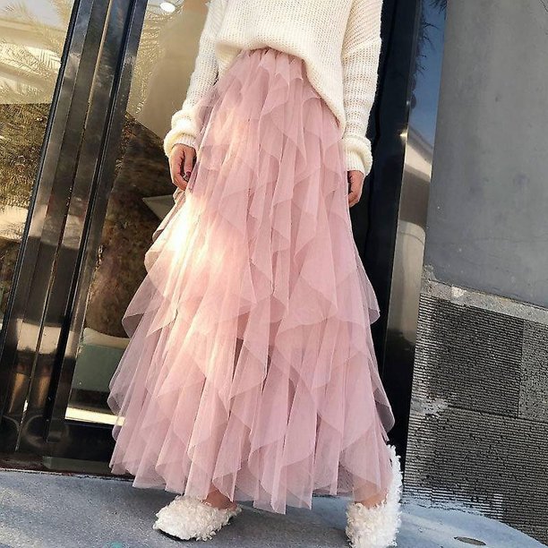 Vestido de malla para mujer Falda abullonada plisada de cintura alta irregular