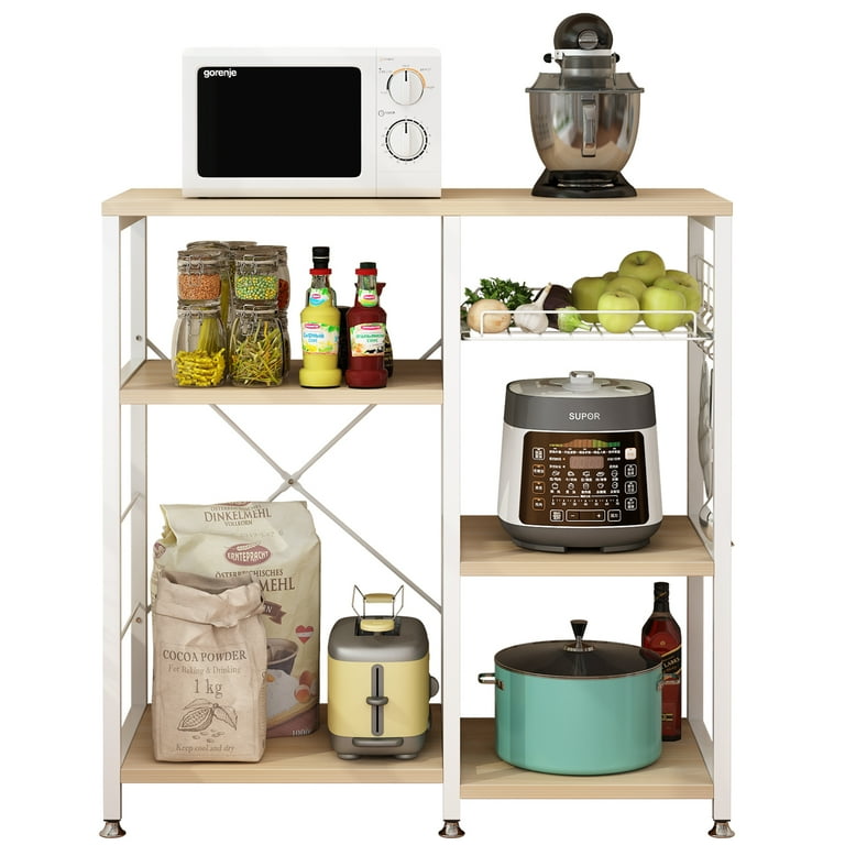 COSTWAY Kitchen Baker's Rack, 5-Tier Microwave Oven Stand With Power Outlets, 10 S-Shaped Hooks, Adjustable Foot Pads & Anti-Toppling Device, Free Standing Utility Storage Shelf (Rustic Brown